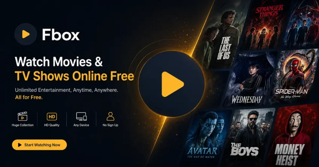 Fbox streaming platform featured banner with cinematic movie and TV show collage, dark premium background, glowing play logo, and online free streaming promotion in 1200x630 format.